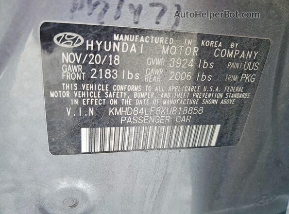 KMHD84LF8KU818858 2019 HYUNDAI ELANTRA Gray Շարժիչի բաժամունքի տեսք