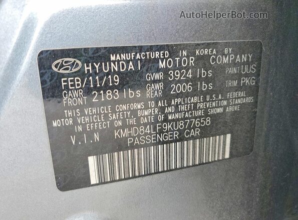 KMHD84LF9KU877658 2019 HYUNDAI ELANTRA Silver VIN sticker view