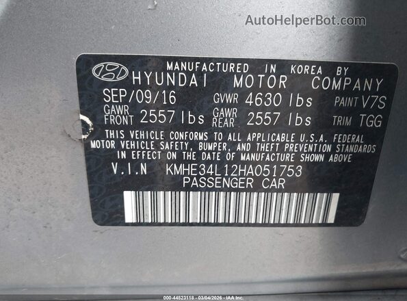 KMHE34L12HA051753 2017 HYUNDAI SONATA HYBRID Silver Widok komory silnika