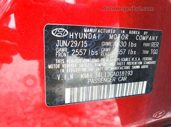 KMHE34L13GA018193 2016 HYUNDAI SONATA Red Vista del compartimento del motor