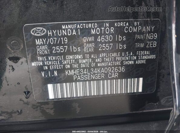KMHE34L34KA092636 2019 HYUNDAI SONATA HYBRID Black Widok komory silnika