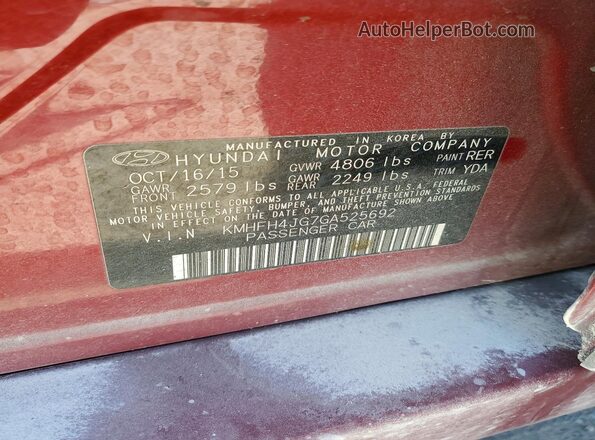 KMHFH4JG7GA525692 2016 HYUNDAI AZERA Red Widok naklejki z numerem VIN