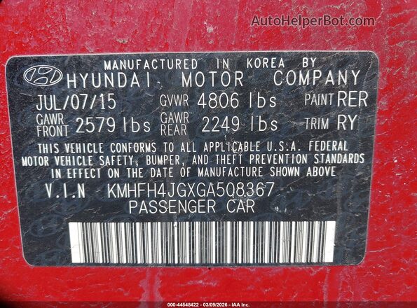 KMHFH4JGXGA508367 2016 HYUNDAI AZERA Red Շարժիչի բաժամունքի տեսք