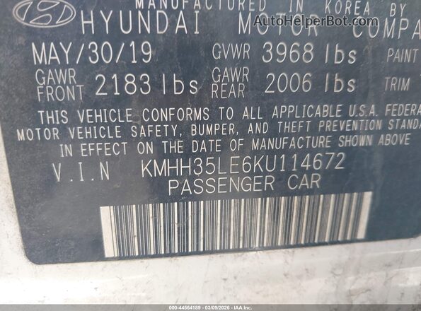 KMHH35LE6KU114672 2019 HYUNDAI ELANTRA GT White Widok komory silnika
