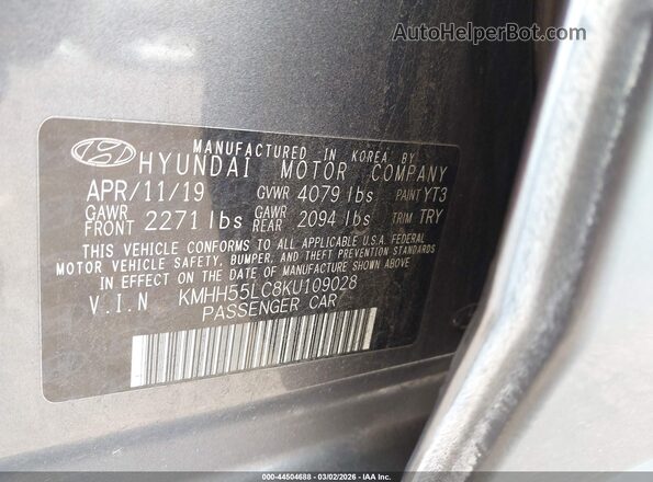 KMHH55LC8KU109028 2019 HYUNDAI ELANTRA GT Серый Вид подкапотного пространства