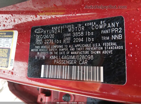 KMHLL4AGXMU128098 2021 HYUNDAI ELANTRA Красный Вид подкапотного пространства