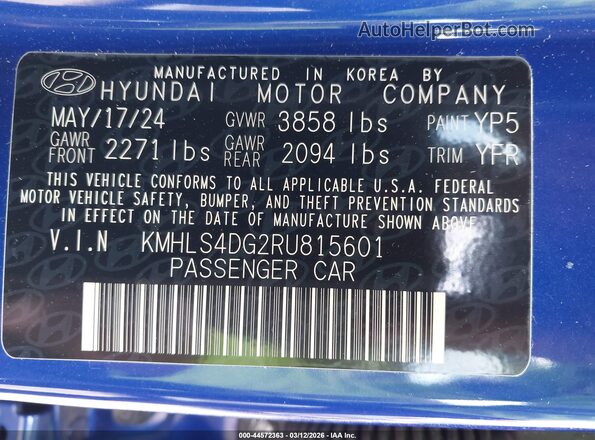 KMHLS4DG2RU815601 2024 HYUNDAI ELANTRA Синий Вид подкапотного пространства