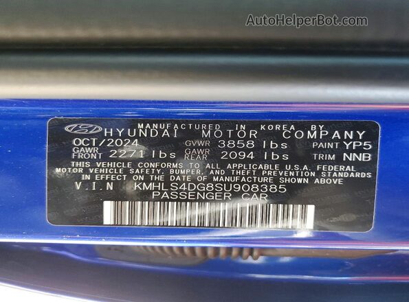KMHLS4DG8SU908385 2025 HYUNDAI ELANTRA Blue Widok naklejki z numerem VIN