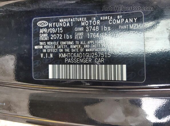KMHTC6AD1GU257515 2016 HYUNDAI VELOSTER Black VIN კოდის სტიკერის ხედი