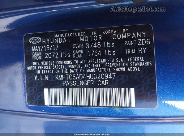 KMHTC6AD4HU320947 2017 HYUNDAI VELOSTER Синий Вид подкапотного пространства