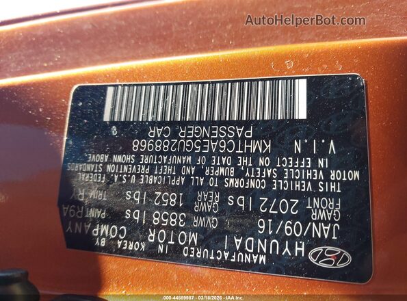 KMHTC6AE5GU288968 2016 HYUNDAI VELOSTER Orange ძრავის განყოფილების ხედი