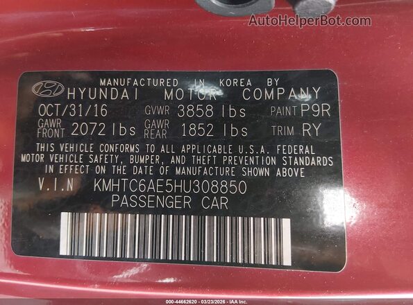 KMHTC6AE5HU308850 2017 HYUNDAI VELOSTER Красный Вид подкапотного пространства