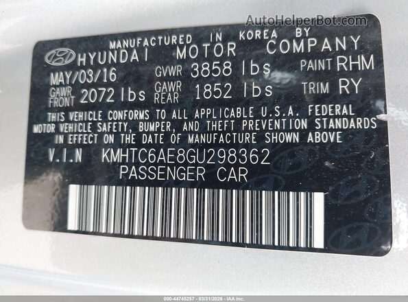 KMHTC6AE8GU298362 2016 HYUNDAI VELOSTER Silver Widok komory silnika