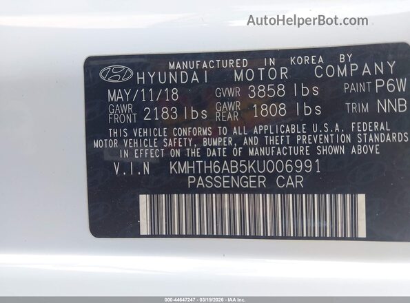 KMHTH6AB5KU006991 2019 HYUNDAI VELOSTER Белый Вид подкапотного пространства