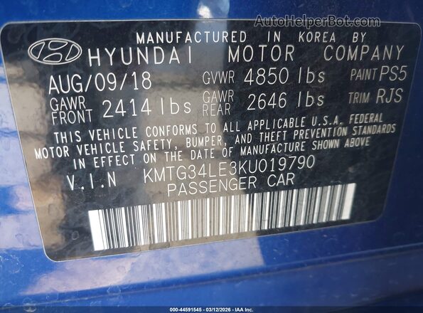 KMTG34LE3KU019790 2019 GENESIS G70 Синий Вид подкапотного пространства