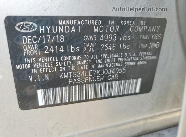 KMTG34LE7KU034955 2019 GENESIS G70 Silver Vista de la etiqueta del VIN
