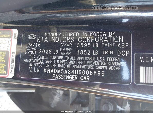 KNADM5A34H6006899 2017 KIA RIO Черный Вид подкапотного пространства