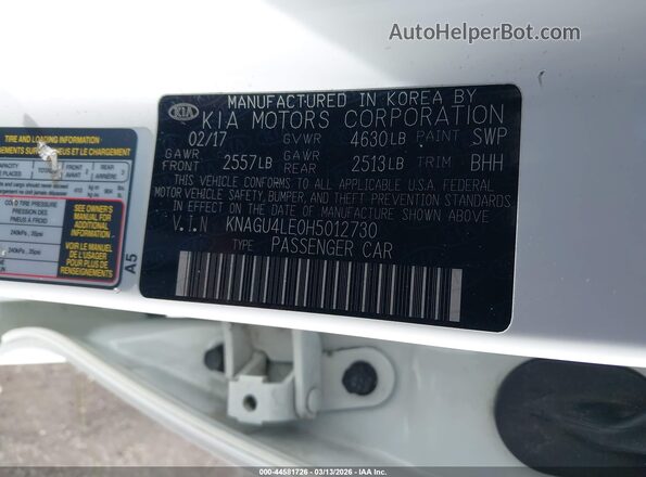 KNAGU4LE0H5012730 2017 KIA OPTIMA HYBRID Белый Вид подкапотного пространства