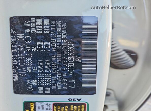 KNDC3DLC5N5053045 2022 KIA EV6 White Widok naklejki z numerem VIN
