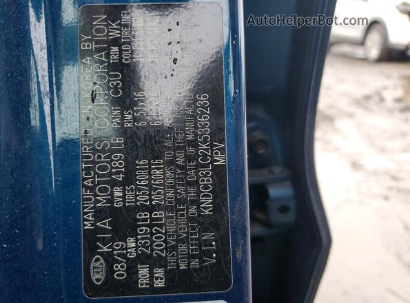 KNDCB3LC2K5336236 2019 KIA NIRO Blue VIN კოდის სტიკერის ხედი
