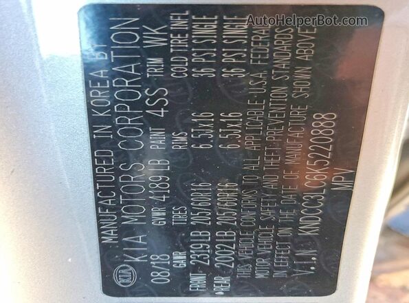 KNDCC3LC6K5220888 2019 KIA NIRO Silver VIN კოდის სტიკერის ხედი