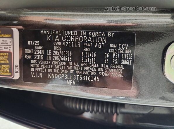 KNDCP3LE3T5316145 2026 KIA NIRO Black VIN կոդի պիտակի տեսք