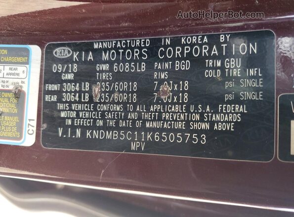 KNDMB5C11K6505753 2019 KIA SEDONA Maroon Vista interior de 360 grados