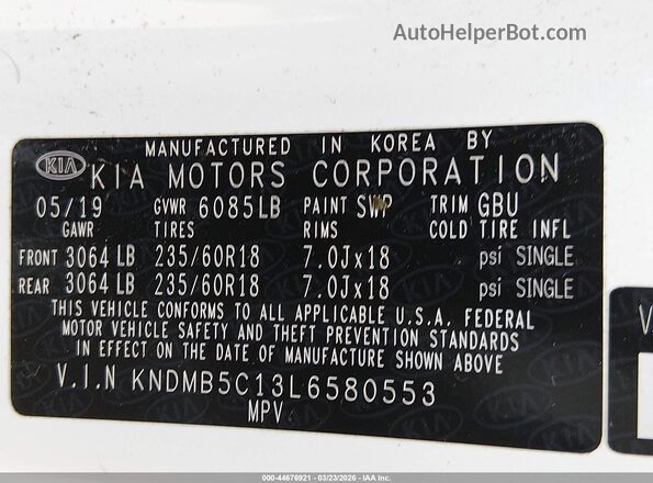 KNDMB5C13L6580553 2020 KIA SEDONA White Engine compartment view