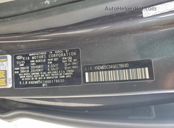 KNDMB5C14G6178630 2016 KIA SEDONA Gray VIN კოდის სტიკერის ხედი