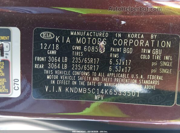 KNDMB5C14K6533501 2019 KIA SEDONA Maroon ძრავის განყოფილების ხედი
