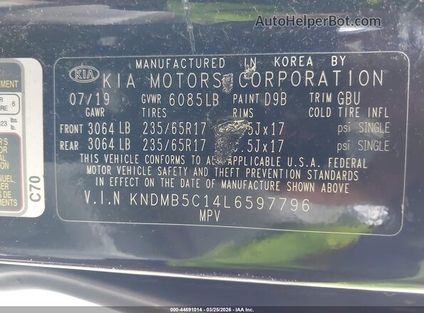 KNDMB5C14L6597796 2020 KIA SEDONA Blue ძრავის განყოფილების ხედი