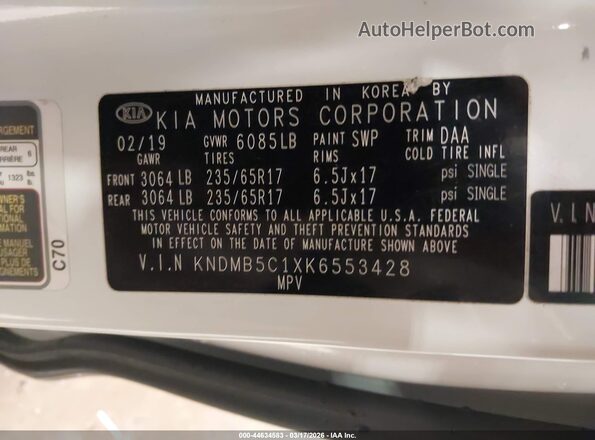 KNDMB5C1XK6553428 2019 KIA SEDONA White Вид підкапотного простору