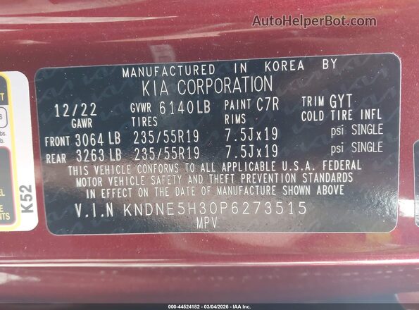 KNDNE5H30P6273515 2023 KIA CARNIVAL MPV Red ძრავის განყოფილების ხედი