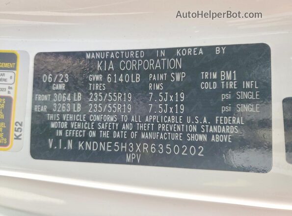 KNDNE5H3XR6350202 2024 KIA CARNIVAL Белый Вид наклейки с VIN-кодом