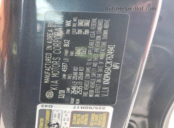 KNDPM3AC2K7624941 2019 KIA SPORTAGE Blue VIN կոդի պիտակի տեսք
