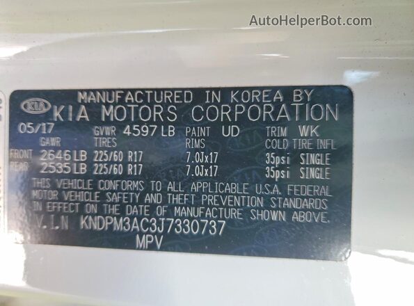 KNDPM3AC3J7330737 2018 KIA SPORTAGE White Widok naklejki z numerem VIN