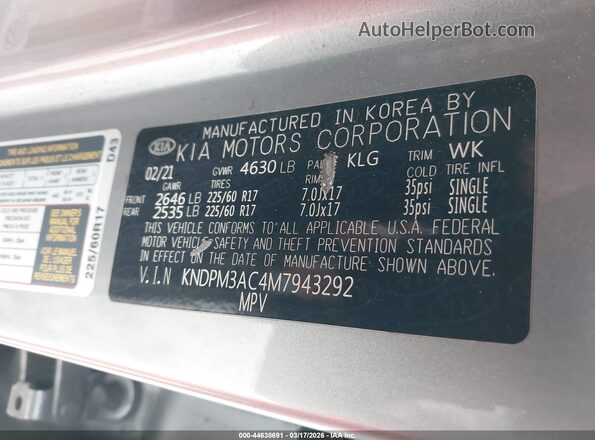 KNDPM3AC4M7943292 2021 KIA SPORTAGE Серебряный Вид подкапотного пространства