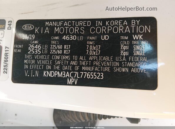 KNDPM3AC7L7765523 2020 KIA SPORTAGE White Vista del compartimento del motor