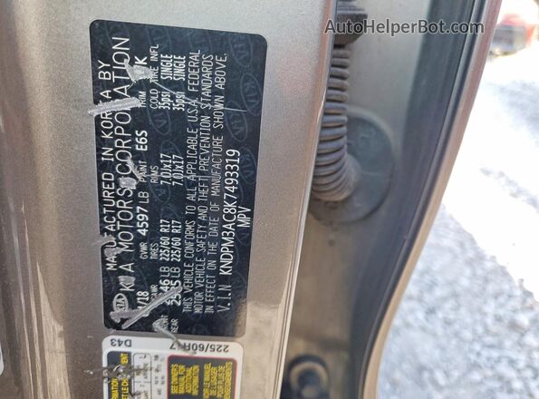 KNDPM3AC8K7493319 2019 KIA SPORTAGE Gray VIN კოდის სტიკერის ხედი