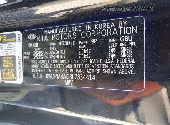 KNDPM3AC8L7834414 2020 KIA SPORTAGE Черный Вид наклейки с VIN-кодом
