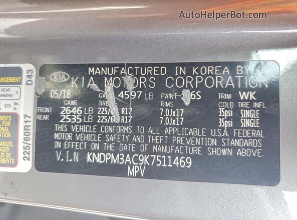 KNDPM3AC9K7511469 2019 KIA SPORTAGE Серый Вид наклейки с VIN-кодом