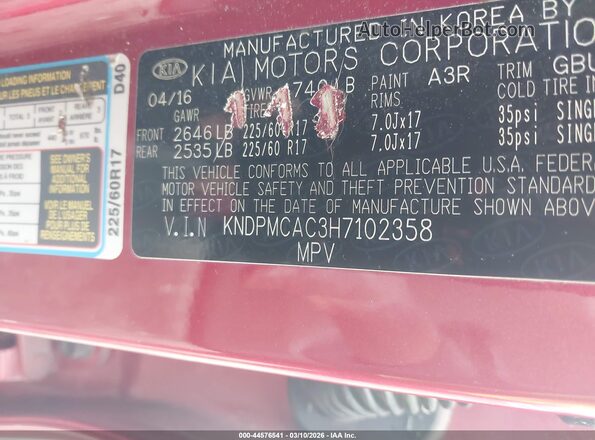 KNDPMCAC3H7102358 2017 KIA SPORTAGE Red Widok komory silnika