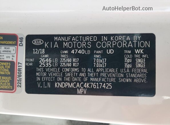 KNDPMCAC4K7617425 2019 KIA SPORTAGE Белый Вид наклейки с VIN-кодом