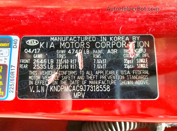 KNDPMCAC9J7318558 2018 KIA SPORTAGE Красный Панорамный вид салона 360°
