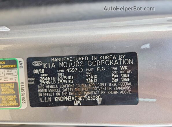 KNDPN3AC3K7563080 2019 KIA SPORTAGE Silver Vista de la etiqueta del VIN
