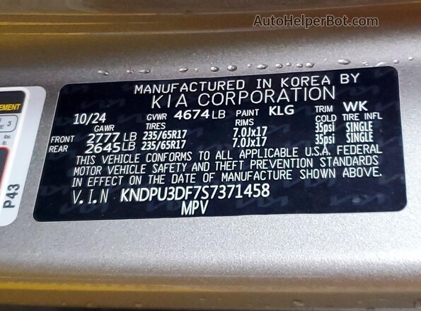 KNDPU3DF7S7371458 2025 KIA SPORTAGE Серебряный Вид наклейки с VIN-кодом