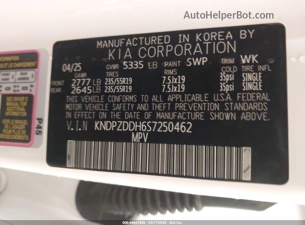 KNDPZDDH6S7250462 2025 KIA SPORTAGE PLUG-IN HYBRID White Vista del compartimento del motor