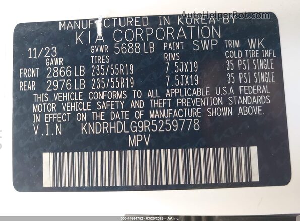 KNDRHDLG9R5259778 2024 KIA SORENTO HYBRID White Widok komory silnika