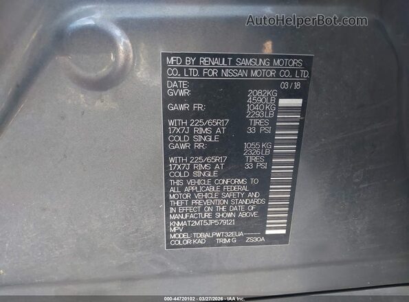 KNMAT2MT5JP579121 2018 NISSAN ROGUE Gray Շարժիչի բաժամունքի տեսք