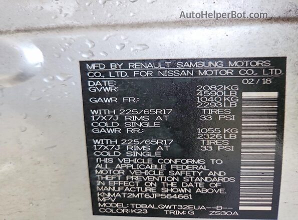 KNMAT2MT6JP564661 2018 NISSAN ROGUE Silver VIN კოდის სტიკერის ხედი